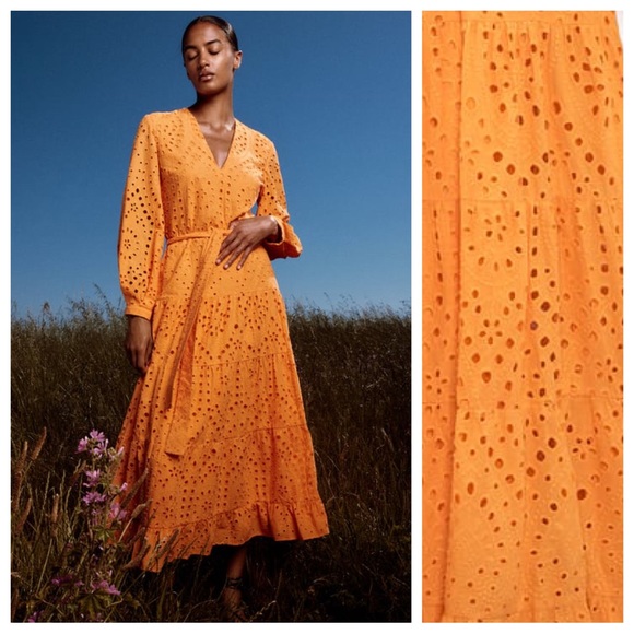 Zara Orange Openwork Embroidered Midi V-neck Dress with Belt. Size M. - Picture 1 of 8